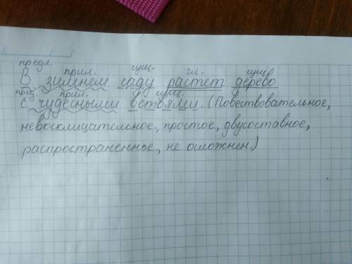 Синтаксический разбор предложения: В зимнем саду растёт дерево с чудесными ветвями. 5 класс