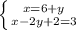 \left \{ {{x=6+y} \atop {x-2y+2=3}} \right.