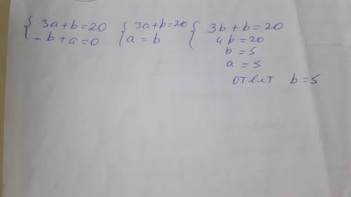 Дана система уравнений: {3a+b=20 {−b+a=0 Вычисли значение переменной b. b=