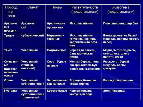 Природная зона Особенности климата Типичные растения Типичные животные ТАБЛИЦА, ЗАПОЛНИТЕ