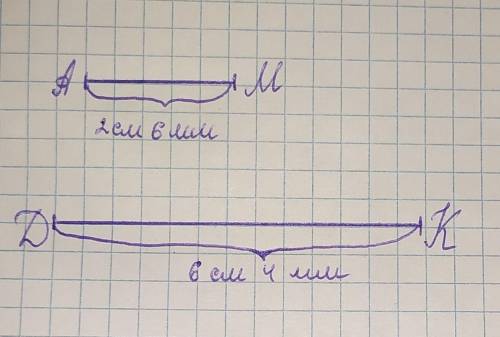 14.Начертите отрезки АМ и DK так чтобы АМ = 2 см 6 мм DK = 6см 4 мм