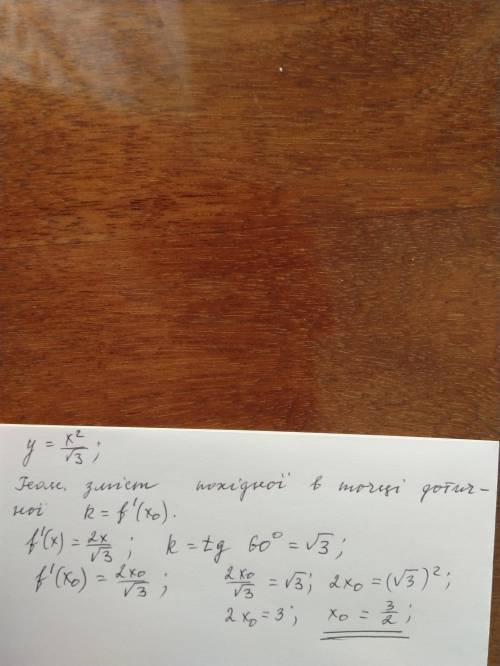 У якій точці кривої y=x^2/√3 дотична нахилена до осі абсцис під кутом 60°? Укажіть абсцису цієї точк