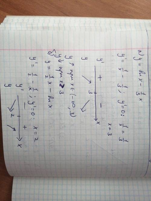 Исследуйте на возрастание и убывание а)y=ln x -1/3 xб)y=1/2 x -ln x​