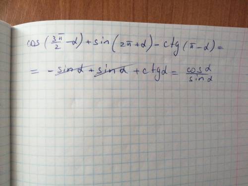 У выражение cos(3π/2-α)+sin(2π+α)-ctg(π-α)