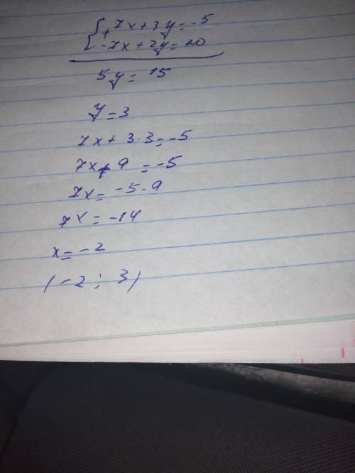 Help Розвяжіть систему додавання 7x+3y=-5 -7x+2y=20