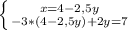 \left \{ {{x=4-2,5y} \atop {-3*(4-2,5y)+2y=7}} \right.