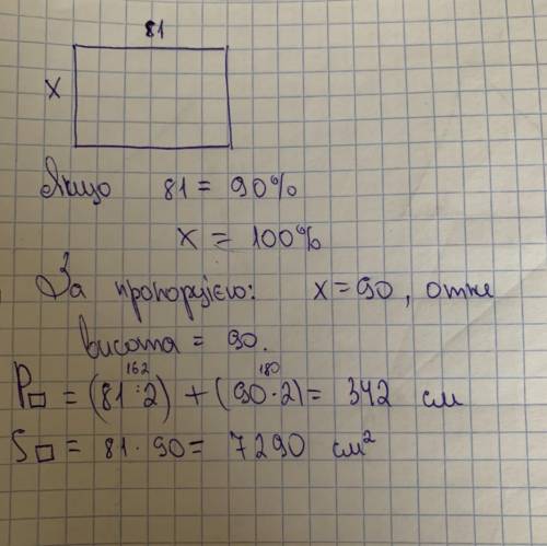 Ширина прямокутника дорівнює 81 см. що становить 90% довжини. знайдіть периметр і площу прямокутника