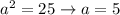 a^{2} =25 \to a=5