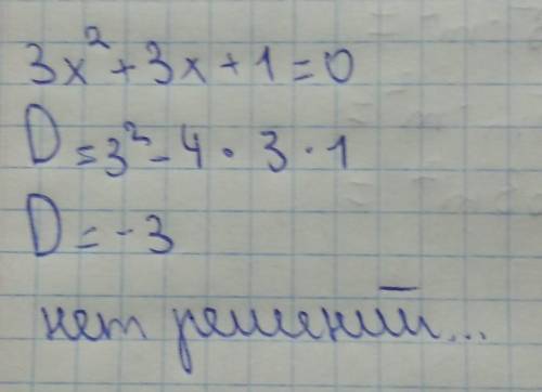 Скільки коренів має рівняння 3x^2+3x+1=0?