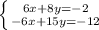 \left \{ {{6x+8y=-2} \atop {-6x+15y=-12}} \right.