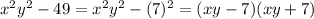 x^{2} y^2-49=x^{2} y^2-(7)^2=(xy-7)(xy+7)