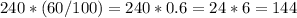 240 * (60/100) = 240 * 0.6 = 24*6 = 144