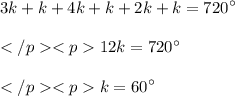 \displaystyle 3k + k + 4k + k + 2k + k = 720^\circ \\\\\displaystyle 12k = 720^\circ \\\\\displaystyle k = 60^\circ