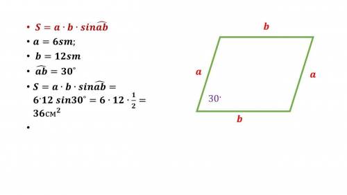 Стороны параллелограмма равны 6см и 12см а один из его углов равен 30, градусов найдите площадь пара