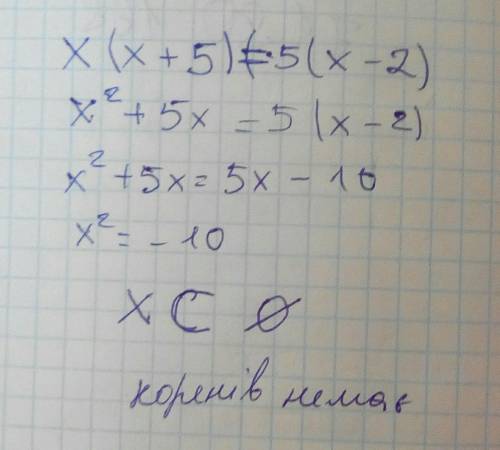 Скільки коренів має рівняння х(х+5)=5(х-2)?​