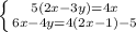 \left \{ {{5(2x-3y)=4x} \atop {6x-4y=4(2x-1)-5}} \right.