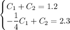 \begin{cases} C_1+C_2=1.2 \\ -\dfrac{1}{4}C_1+C_2=2.3\end{cases}