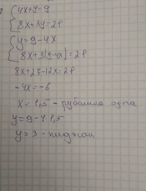 На пошив 4 рубашек и 1 пиджака идёт 9 метров ткани, а на пошив 8 таких же рубашек и 3 таких же пиджа