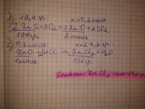 Цинк оксид, добутий окисненням 19,4г цинк сульфіду, використали для проведення реакції з надлишком х