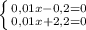 \left \{ {{0,01x-0,2=0} \atop {0,01x+2,2=0}} \right.