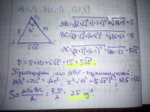 Обчислити параметр і площу трикутника за координатами його вершин: А(–2;1), В(2;–2), С(8;6).