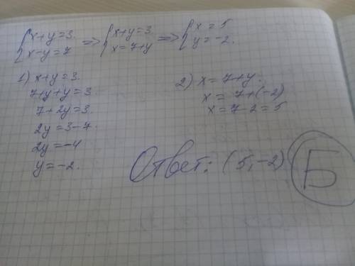 Яка пара чисел е розв’язком системи ривнянь {x + y = 3 {x - y = 7? А) (-2;5) Б) (5;-2) В) (2;5) Г с