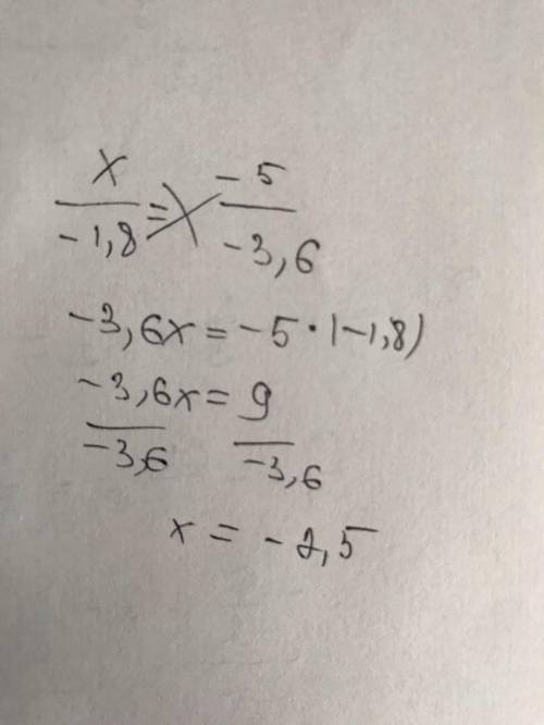 Найди неизвестный член пропорции: x/−1,8=−5/−3,6; x=