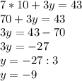 7 * 10 + 3y = 43\\70 + 3y = 43\\3y = 43 - 70\\3y = -27\\y= -27 : 3\\y = -9\\\\