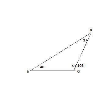 Дан треугольник KRG. ∠ K = 40°, ∠ R = 37°. Определи величину ∠ G.​