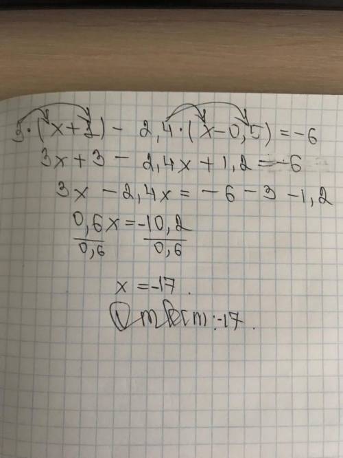 решить уравнение: 3(x+1)- 2,4(x - 0,5)=-6