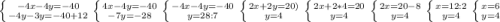 \left \{ {{-4x-4y=-40} \atop {-4y-3y=-40+12}} \right. \left \{ {{{4x-4y=-40} \atop {-7y=-28}} \right. \left \{ {{{-4x-4y=-40} \atop {y=28:7}} \right. \left \{ {{{2x+2y=20)} \atop {y=4}} \right. \left \{ {{2x+2*4=20} \atop {y=4}} \right. \left \{ {{2x=20-8} \atop {y=4}} \right. \left \{ {{x=12:2} \atop {y=4}} \right.\left \{ {{x=6} \atop {y=4}} \right.