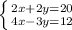 \left \{ {{2x+2y=20} \atop {4x-3y=12}} \right.