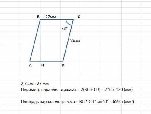 Начерти параллелограмм, смежные стороны которого 2,7 см и 38мм,а угол между ними равен 40⁰. Проведи