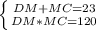 \left \{ {{DM + MC = 23} \atop {DM * MC = 120}} \right.