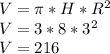 V=\pi* H*R^{2} \\V = 3*8*3^{2} \\V=216