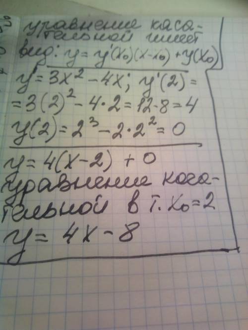 очень Записать уравнение касательной к графику ф-и y=f(x) в точке с абсциссой x0 y=x^3-2x^2, x0=2