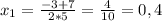 x_{1}=\frac{-3+7}{2*5} = \frac{4}{10} = 0,4