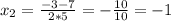 x_{2}=\frac{-3-7}{2*5} = - \frac{10}{10} = -1