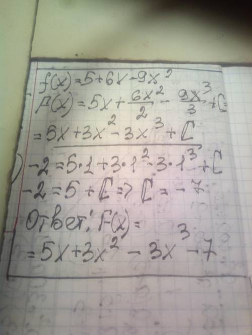 Для функції f(x) = 5 + 6x − 9x 2 знайдіть первісну, графік якої проходить через точку A(1; −2)