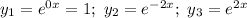 y_{1} = e^{0x} = 1; \ y_{2} = e^{-2x}; \ y_{3} = e^{2x}