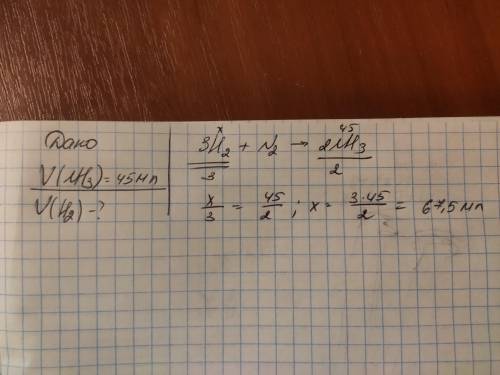 При взаимодействии водорода с азотом образуется аммиак: 3H2 (газ) + N2 (газ) → 2NH3 (газ). Вычисли,