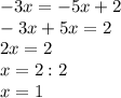 -3x=-5x+2\\-3x+5x=2\\2x=2\\x=2:2\\x=1