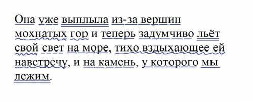 сделать синтаксический разбор предложения: Она уже выплыла из-за вершин мохнатых гор и теперь задумч