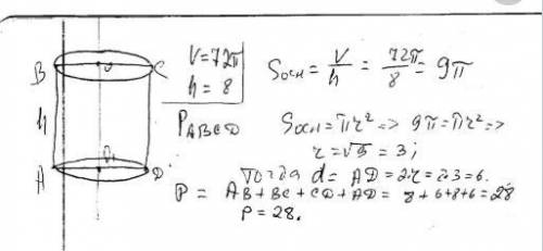 с геометрией Объём цилиндра равен 72π, высота цилиндра - 8. Чему равен периметр осевого сечения?
