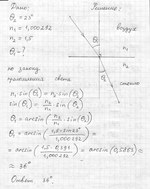 .Луч падает из воздуха на поверхность стекла и преломляется под углом 23 градуса. Определите угол па