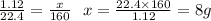 \frac{1.12}{22.4} = \frac{x}{160} \: \: \: x = \frac{22.4 \times 160}{1.12} = 8g