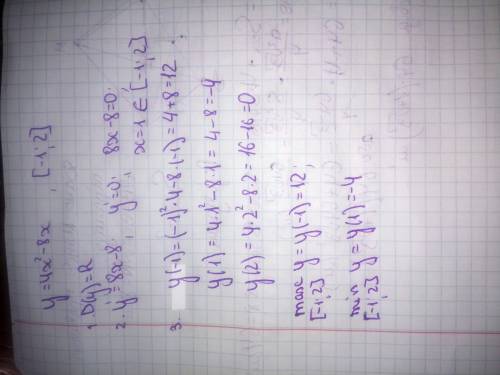 95б.Найти наибольшее и наименьшее значения функции на отрезке -1; 2y=4x^2-8x​
