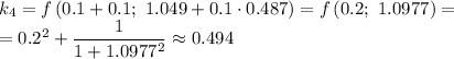 k_4=f\left(0.1+0.1 ;\ 1.049+0.1\cdot0.487\right)=f\left(0.2 ;\ 1.0977\right)=\\=0.2^2+\dfrac{1}{1+1.0977^2}\approx0.494