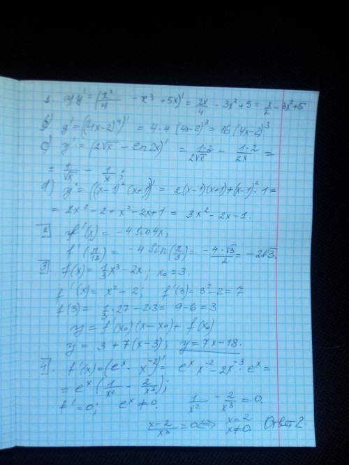 1.Найти производную функции: a) y=x^2/4-x^3+5xb) y=(4x-2)^4c) y=2√x-ln⁡2xd) y=(x-1)^2 (x+1)2. Найти