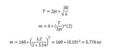Период колебания тела 1,2 с.Коэффициент упругости пружины 160 Н/м.Найти массу тела.
